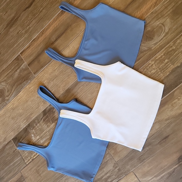 XS/S LASLULU Creamy White & Slate Blue Square Neck Thick Material Tank Tops - Picture 1 of 11